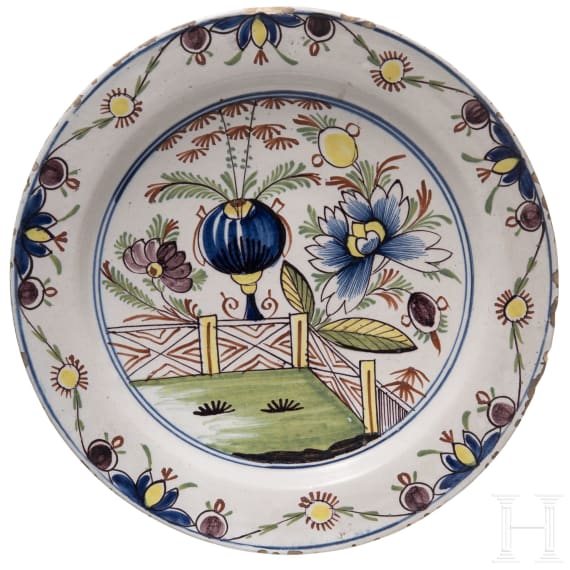 Five flower vase and swan pattern chargers, Delft, early 18th century (four) / circa 1800 (one)