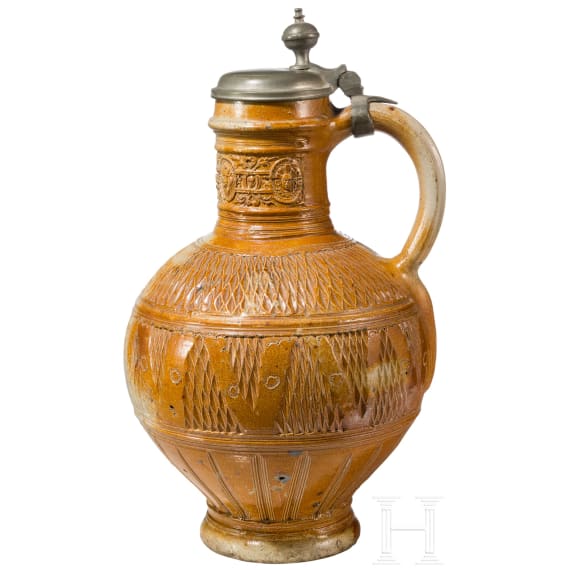 A glazed stoneware jug, Raeren, circa 1600