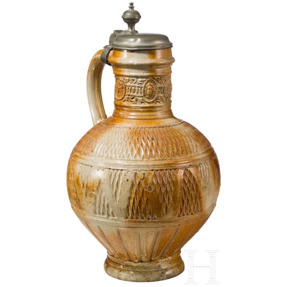A glazed stoneware jug, Raeren, circa 1600