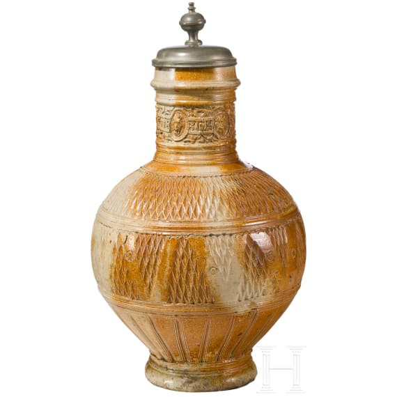 A glazed stoneware jug, Raeren, circa 1600