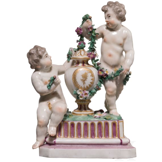 A porcelain putti group &ldquo;Girlandenwinder&rdquo;, Johann Jacob Louis (design), Ludwigsburg, circa 1764
