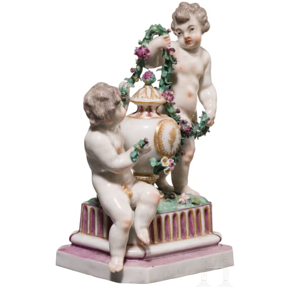 A porcelain putti group &ldquo;Girlandenwinder&rdquo;, Johann Jacob Louis (design), Ludwigsburg, circa 1764