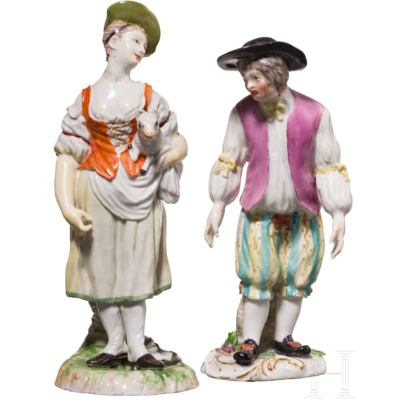 A porcelain cavalier and shepherdess with lamb, Meissen, circa 1750 / Ludwigsburg 1760/70