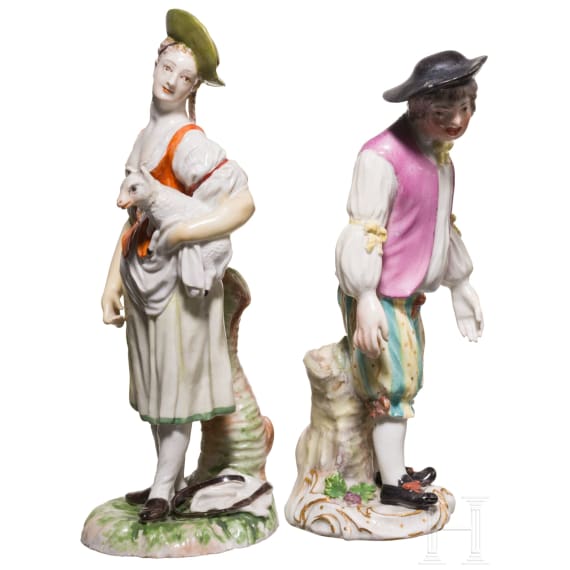 A porcelain cavalier and shepherdess with lamb, Meissen, circa 1750 / Ludwigsburg 1760/70