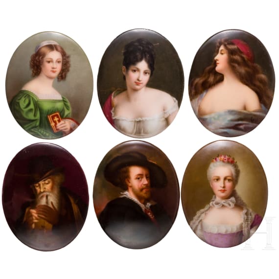 Six finely painted porcelain plaques with portrait miniatures, C.M. Hutschenreuther et al., between 1900 and 1915
