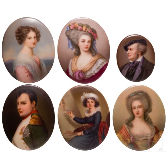 Six finely painted porcelain plaques with portrait miniatures, possibly by C.M. Hutschenreuther, between 1900 and 1915