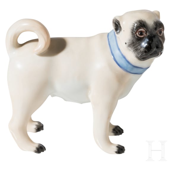 A standing porcelain pug dog, Meissen, 20th century