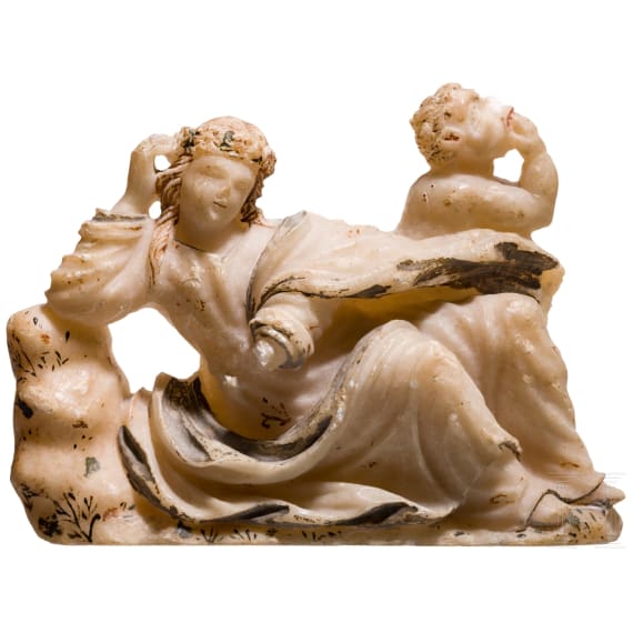 Alabaster-Figurengruppe &bdquo;Satyr und M&auml;nade&ldquo;, Italien, Trapani, sp&auml;tes 17. Jhdt.