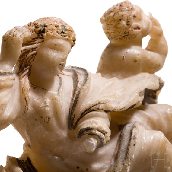 Alabaster-Figurengruppe &bdquo;Satyr und M&auml;nade&ldquo;, Italien, Trapani, sp&auml;tes 17. Jhdt.