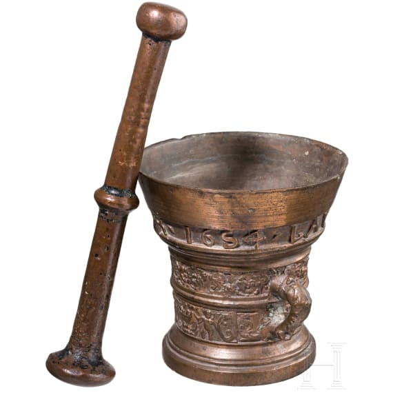 M&ouml;rser mit Delfinhenkeln, wohl Mecheln, datiert 1654