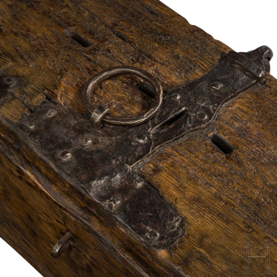 A Rhenish late Gothic trunk carved from a single tree, 15th century