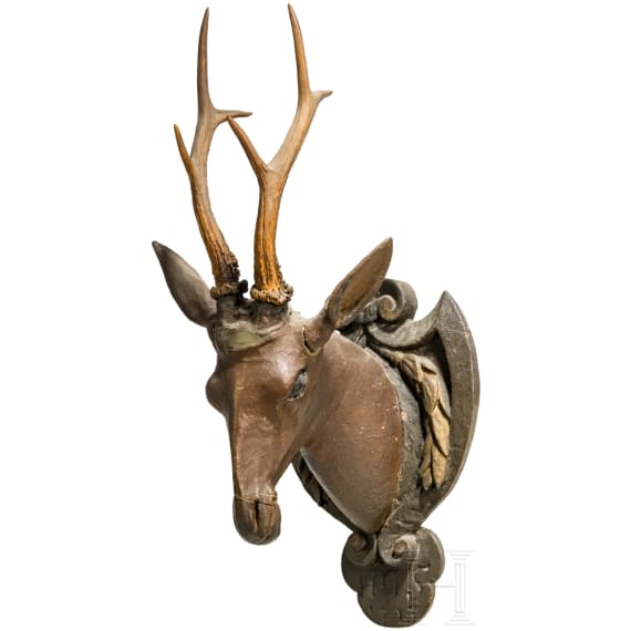 A German wooden roebuck trophy head, dated 1753