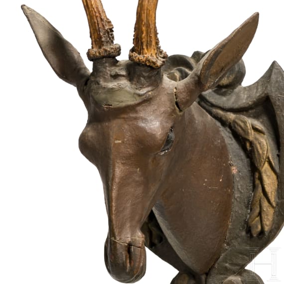 A German wooden roebuck trophy head, dated 1753