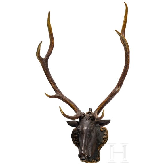 A German carved wooden deer trophy, 18th century