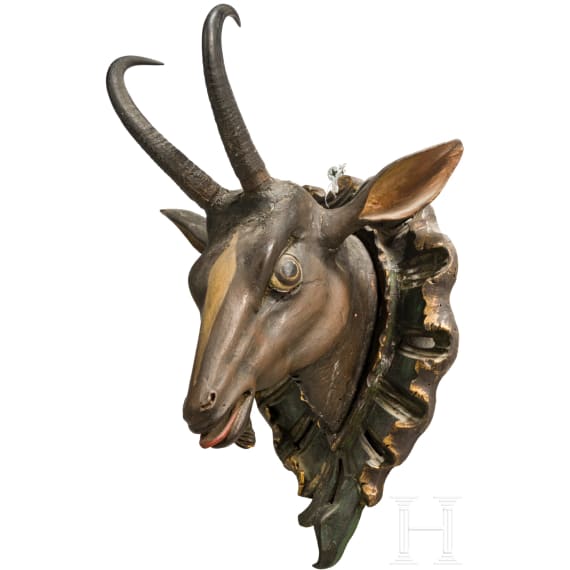 A wooden German chamois trophy head, ca. 1750