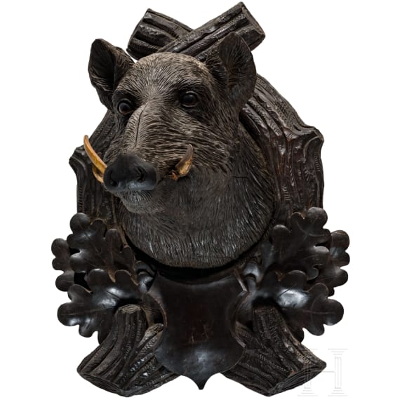 A Berchtesgaden carved wooden boar head trophy, ca. 1880