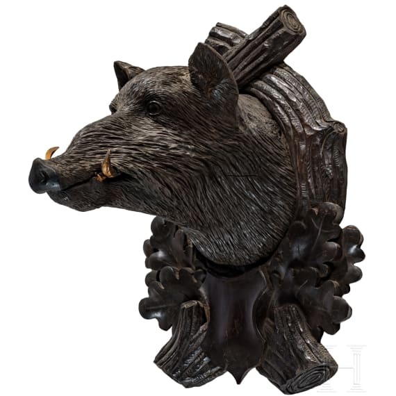 A Berchtesgaden carved wooden boar head trophy, ca. 1880