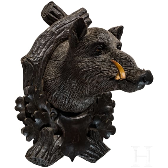 A Berchtesgaden carved wooden boar head trophy, ca. 1880