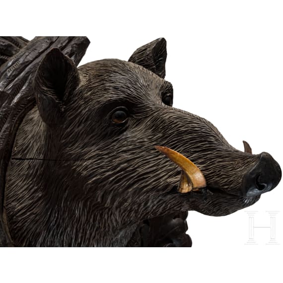 A Berchtesgaden carved wooden boar head trophy, ca. 1880