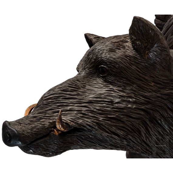A Berchtesgaden carved wooden boar head trophy, ca. 1880