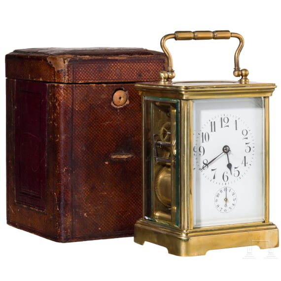 A brass carriage clock with case, probably France, 19th century