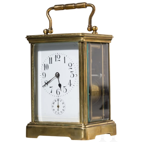A brass carriage clock with case, probably France, 19th century