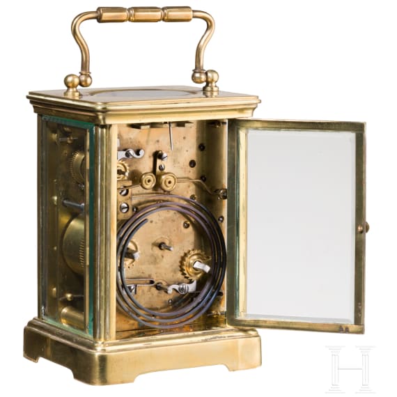 A brass carriage clock with case, probably France, 19th century