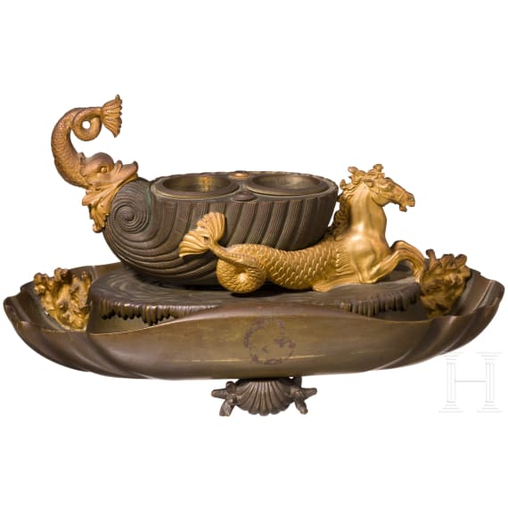 A ormolu and brass inkwell, first half of the 19th century