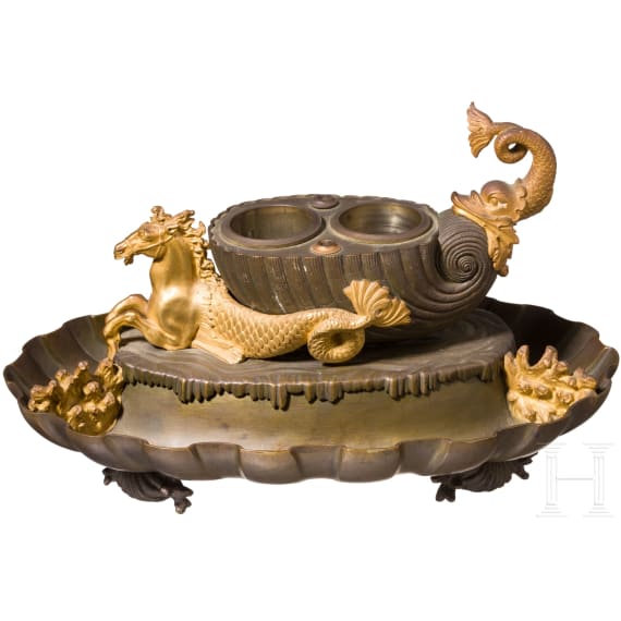 A ormolu and brass inkwell, first half of the 19th century