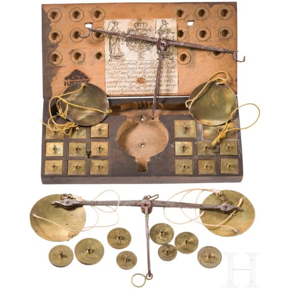 Two coin balances (one in wooden casket), Solingen, Johann Phillipp Herbertz, 1776 (one) / 19th century