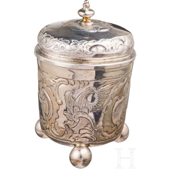 A Russian silver lidded three-feet beaker, Moscow, 1767