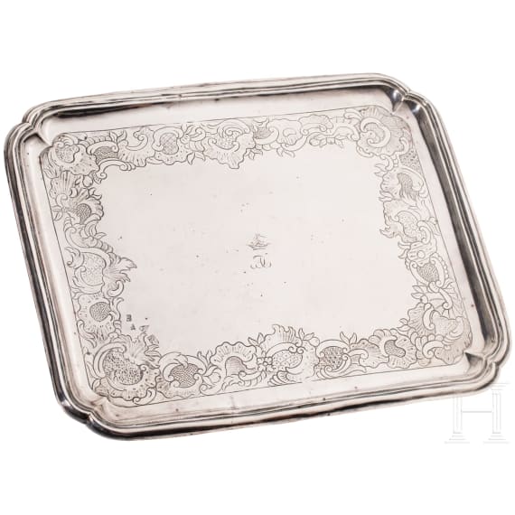 A Russian silver tray on four feet, Moscow, 1763
