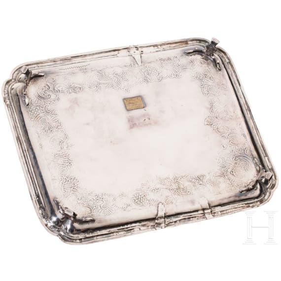 A Russian silver tray on four feet, Moscow, 1763