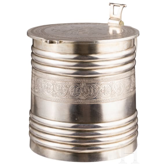 A Russian pan-slavic style parcel-gilt silver tankard, Moscow, V. Aikmov, 1892