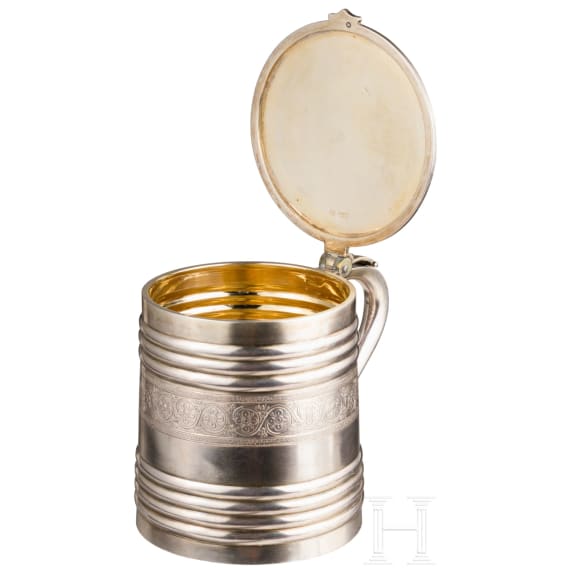 A Russian pan-slavic style parcel-gilt silver tankard, Moscow, V. Aikmov, 1892