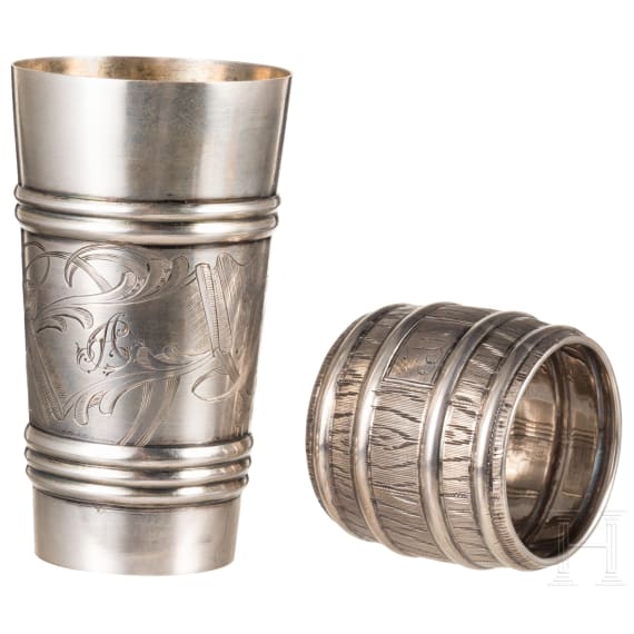 A silver trompe l'oeil salt cellar and beaker, Russia, 1890 - 1908