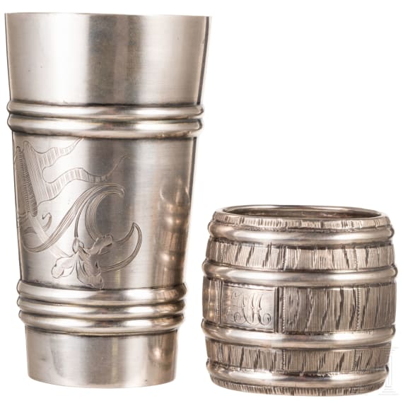 A silver trompe l'oeil salt cellar and beaker, Russia, 1890 - 1908