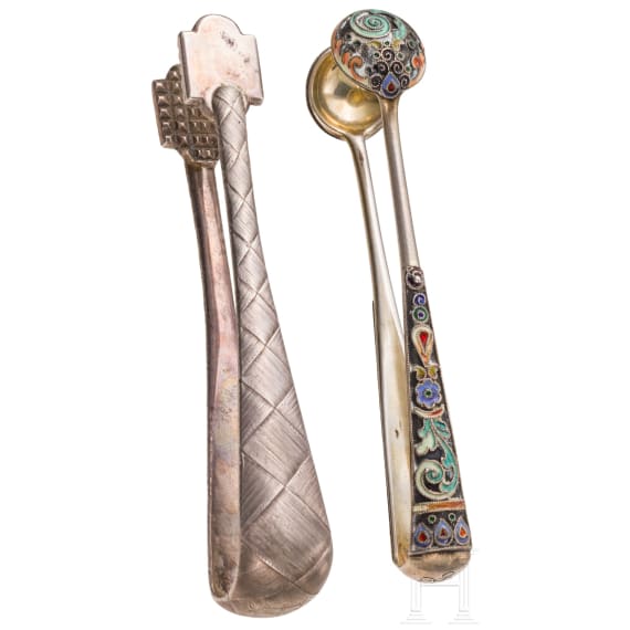 A trompe l'oeil sugar tong and a cloisonn&eacute;-enamel sugar tong, Russia, St. Petersburg, Grachev, 1886 / Moscow, 1908&ndash;1917