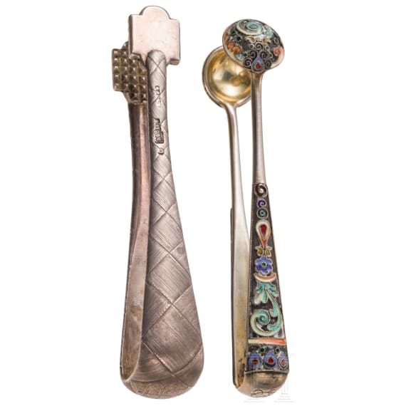A trompe l'oeil sugar tong and a cloisonn&eacute;-enamel sugar tong, Russia, St. Petersburg, Grachev, 1886 / Moscow, 1908&ndash;1917
