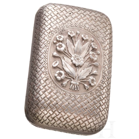 A silver trompe l'oeil cigarette case with flowers, Russia, Moscow, M. Pikiforov, 1880