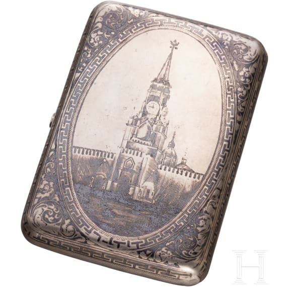 A silver and niello cigarette case with view of Kremlin, Russia, Moscow, 1896