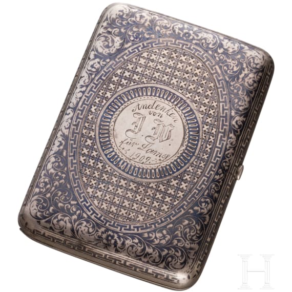A silver and niello cigarette case with view of Kremlin, Russia, Moscow, 1896