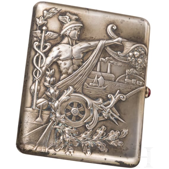 A silver cigarette case showing Hermes, Russia, Moscow, A. Belov, 1908-1913