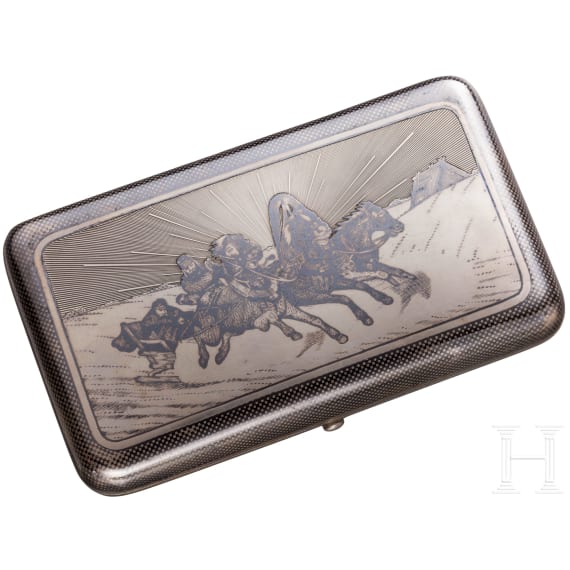 A silver and niello cigarette case with troika, Russia, Moscow, Khlebnikov, 1873