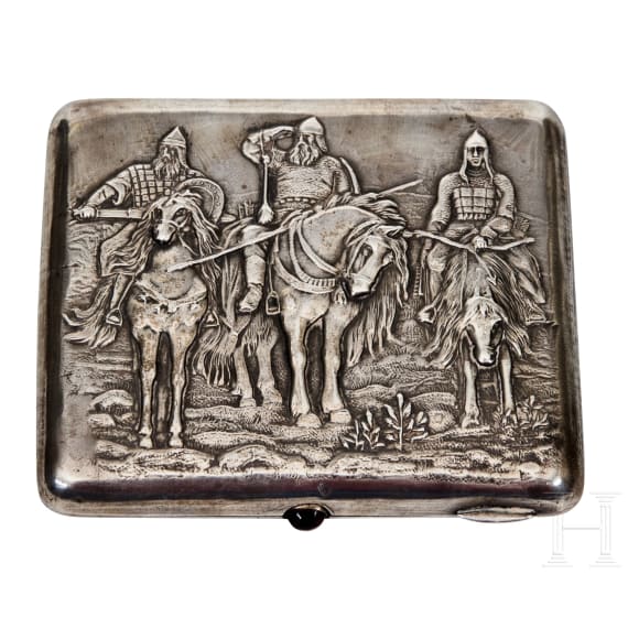 A silver cigarette case showing three Bogatyrs, Soviet Union, 1927-1958