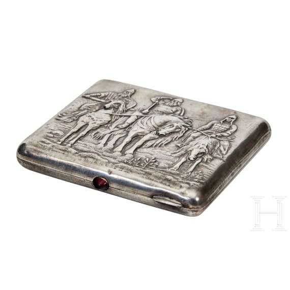 A silver cigarette case showing three Bogatyrs, Soviet Union, 1927-1958
