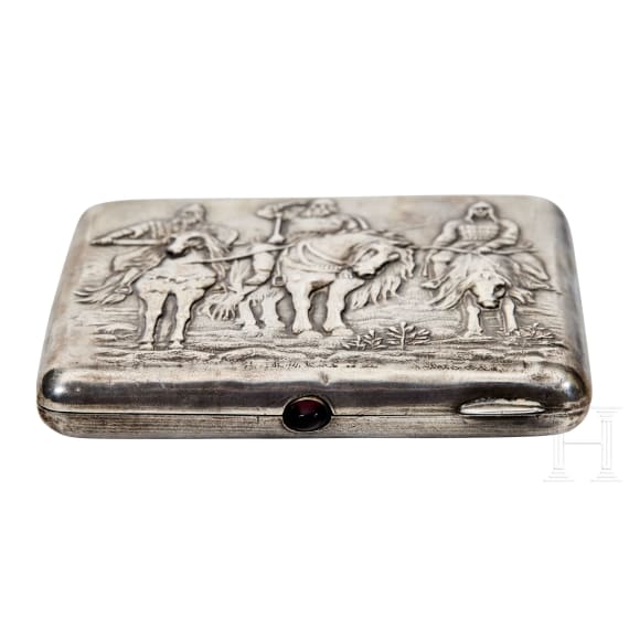 A silver cigarette case showing three Bogatyrs, Soviet Union, 1927-1958