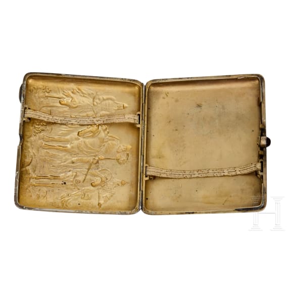 A silver cigarette case showing three Bogatyrs, Soviet Union, 1927-1958
