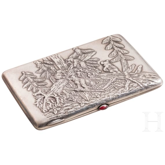 A silver cigarette case with bears, Russia, Moscow, Sazikov, 1908-1917