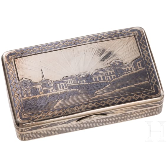 A silver and niello snuff box with view of St. Petersburg, Russia, Moscow, 1865